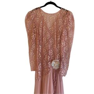 Lace chiffon and sequin vintage dress light pink with sequin rosette whimsical